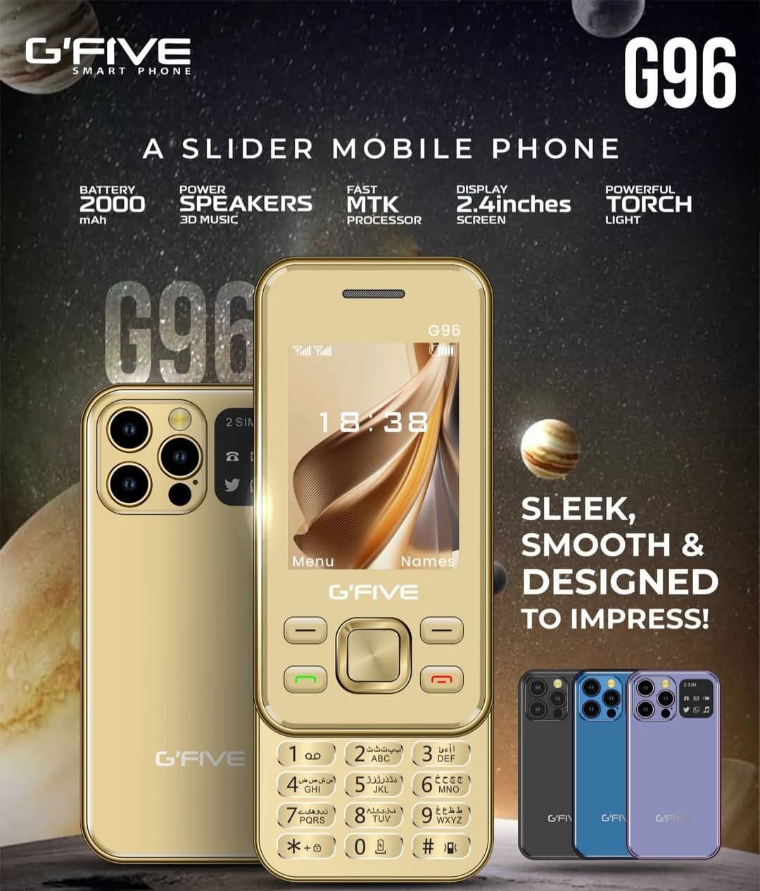Gfive G96 Slider Mobile | 2.4" QVGA Display | Dual SIM | PTA Approved | 2000mAh Battery (Random Colour)